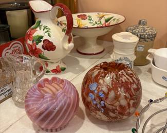 Handblown Art Glass Vases, Vintage Blue Stilton Cheese Ceramic Jar, Vintage Crock, Noble Excellence Ceramic Pedestal Bowl & Pitcher - rainforest pattern