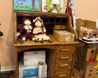 Vintage Roll Top Desk, Vintage Metal Lamp, Wall Decor, Vintage House of Hatten Dolls