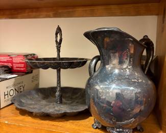Silver Plate Pitcher & Tiered Serving Tray
