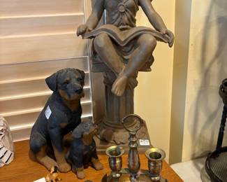 Living Stone Rottweiler  Statues, Fairy Reading a Book, Vintage Brass Candlestick