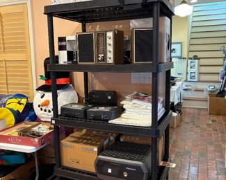 Gazing Ball, Vintage Realistic Stereo, Battery Backup/Surge Protector, Shelving Unit, Vintage Briefcase, Snowman Decor