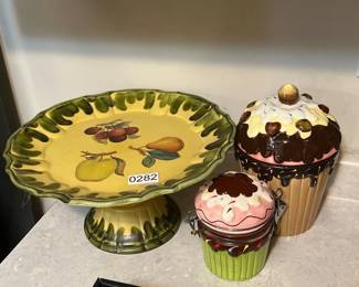 FRUIT STAND, CERAMIC CUPCAKE CONTAINERS