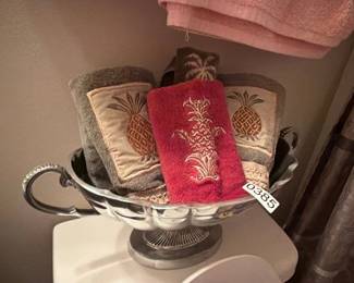 PEWTER BOWL AND TOWELS