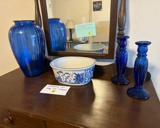 BLUE VASE, CANDLE HOLDERS, AND BOWL