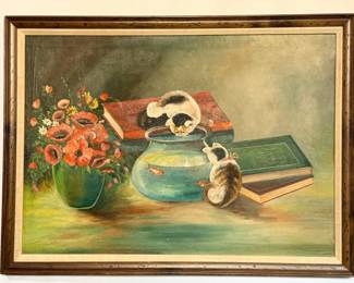 120 MidCenturyOriginalOilPaintingofCatsandGoldfish