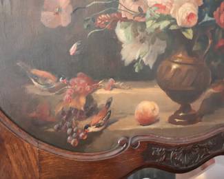 Antique French Carved Walnut Trumeau Mirror with Painted Floral Still life