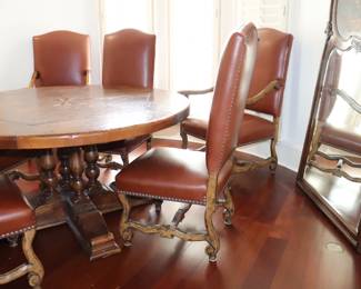 6 Spanish Revival Leather and Carved Walnut Dining Chairs
