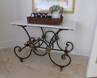 32" x 49" 34" Height    Antique French Bakers Table with Marble Top Pâtisserie Island Pastry Table  