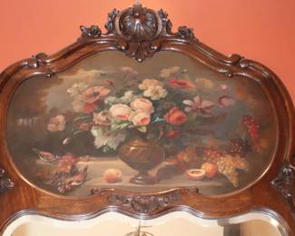 Antique French Carved Walnut Trumeau Mirror with Painted Floral Still life