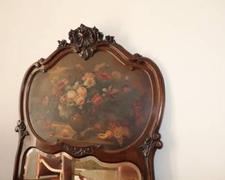 Antique French Carved Walnut Trumeau Mirror with Painted Floral Still life