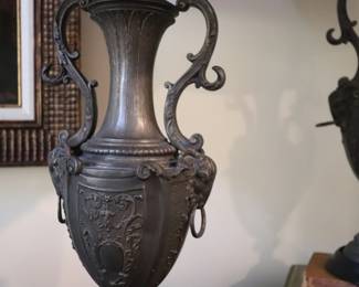 A pair of Classical Urn Spelter Cast Metal Table Lamps Rams Head Urns Converted to Lamps w/ Silk Shades