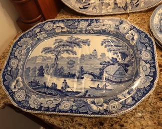 1850 Antique Well & Tree Meat Platter Blue & White Porcelain Serving Plate WILD ROSE