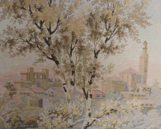  Antique French Tapestry Verdure jacquard weave wall hanging country scene 81" x 61"