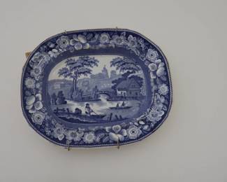 1850 Antique Well & Tree Meat Platter Blue & White Porcelain Serving Plate WILD ROSE