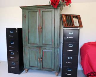 Distressed Painted Wardrobe Armoire Entertainment Bar Cabinet 74" Tall x 45" Wide x 24" Deep