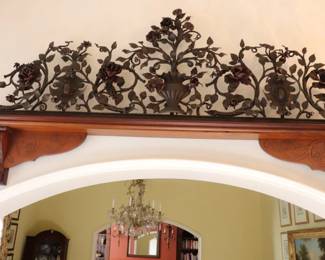  Restored Antique Cast Wrought Iron Gate Pediment Rose Vine Mounted on Wood About 7' long From Charleston SC