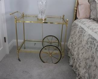 Classical Brass & Glass Vintage Bar Serving Cart,. Pineapple Finials