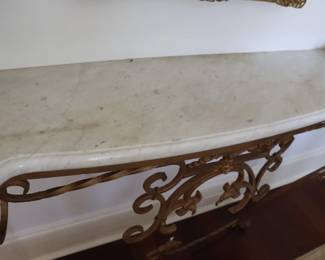 Rococo Style Custom Wrought Gold Painted Iron Marble Top Console Wall Mount Table