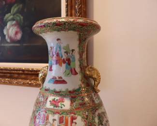 Vintage 17"Chinese Export Famille Rose Mantel Vases with Elephant Handles