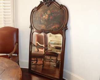 Antique French Carved Walnut Trumeau Mirror with Painted Floral Still life