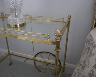 Classical Brass & Glass Vintage Bar Serving Cart,. Pineapple Finials