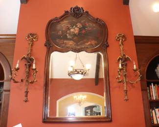 Antique French Carved Walnut Trumeau Mirror with Painted Floral Still life