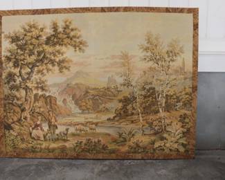  Antique French Tapestry Verdure jacquard weave wall hanging country scene 81" x 61"