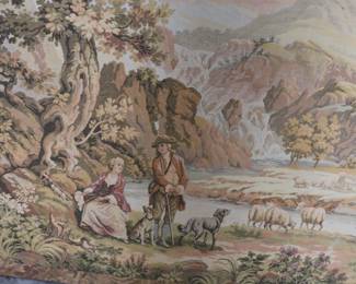 Antique French Tapestry Verdure jacquard weave wall hanging country scene 81" x 61"