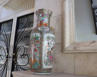 A Pair of 24" Antique Chinese Export Famille Rose Medallion Porcelain Baluster Floor Vases - c. 19th century