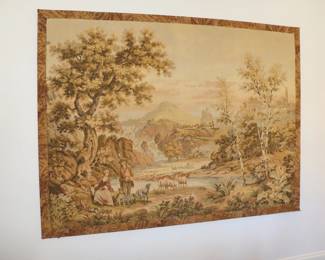 Antique French Tapestry Verdure jacquard weave wall hanging country scene 81" x 61"