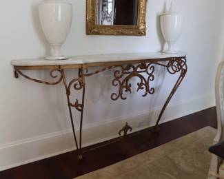 Rococo Style Custom Wrought 79" x 38" x 16" Gold Painted Iron Marble Top Console Wall Mount Table 