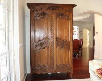 Antique 1700's French Country Highly Carved Walnut Wedding Armoire-Provenance54" x 21" x 94" professionally restore and lined 
