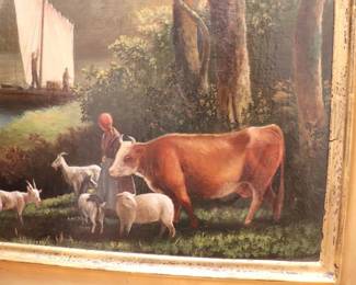 18th Century Pastoral Oil on Canvas Painting Gold Leaf Antique Frame Original Art Canvas 26" x 20" Frame 32" x 26" Professionally Cleaned and framed