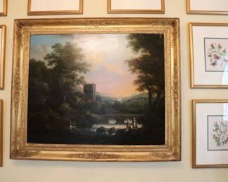  18th Century Original French landscape Painting Professionally Cleaned Federalist Antique Frame Canvas Size 41 x 33  Frame Size 39" x 47"