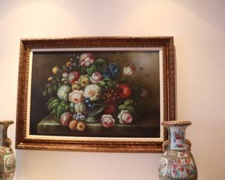    Floral Still Life oil on canvas by Adonis Mid 20th century Framed Dimension 43" x 31" Original Art Painting