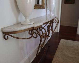 Rococo Style Custom Wrought Gold Painted Iron Marble Top Console Wall Mount Table
