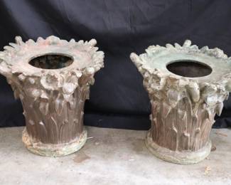 A Pair of Antique Bronze Spelter Architectural Column Base VASE Planter URN 18" Diameter x 15" Height