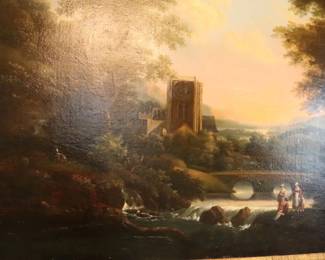  18th Century Original French landscape Painting Professionally Cleaned Federalist Antique Frame Canvas Size 41 x 33  Frame Size 39" x 47"