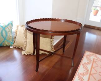 Scalloped Edge Tray Cocktail Coffee Table w Stretcher Base Professionally Restored