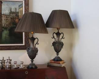 A pair of Classical Urn Spelter Cast Metal Table Lamps Rams Head Urns Converted to Lamps w/ Silk Shades