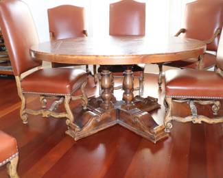 Italian Round Walnut Dining Table with Inlaid Starburst & 6 Spanish Revival Leather and Carved Walnut Dining Chairs