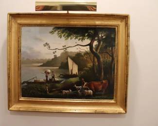 18th Century Pastoral Oil on Canvas Painting Gold Leaf Antique Frame Original Art Canvas 26" x 20" Frame 32" x 26" Professionally Cleaned and framed