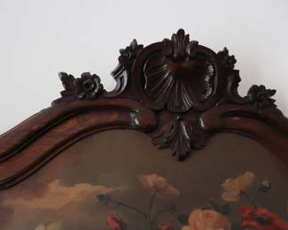 Antique French Carved Walnut Trumeau Mirror with Painted Floral Still life