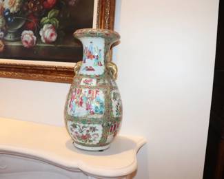 Vintage 17"Chinese Export Famille Rose Mantel Vases with Elephant Handles