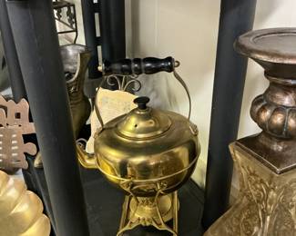 Brass tea kettle, candle holders