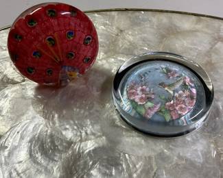 Peacock, paperweight hummingbird paperweight
