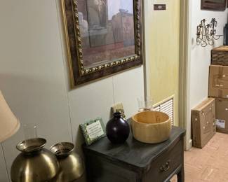 Two brass lamps, sewing cabinet