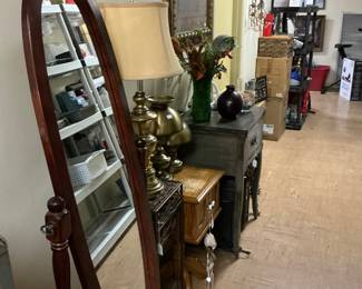 Very heavy oblong mirror on a stand small side tables sewing cabinet with no machine