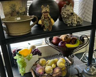 Indian, chief WOLF, pottery baskets and bowls of fruit