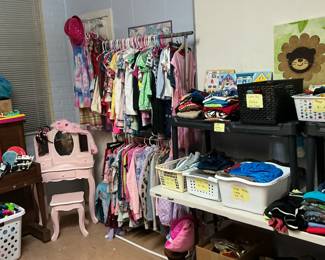 Children’s clothes range from infants to 16 have a child’s vanity with stool